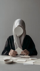 Faceless woman in hijab holding blank paper in minimalist setting