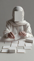 Mysterious figure in white with covered face arranging blank cards