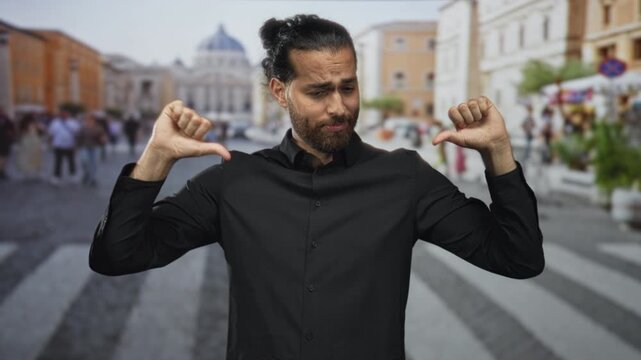 Man thumbs pointing to chest on street in front of saint peter building, pose and smirk; pride self assurance.