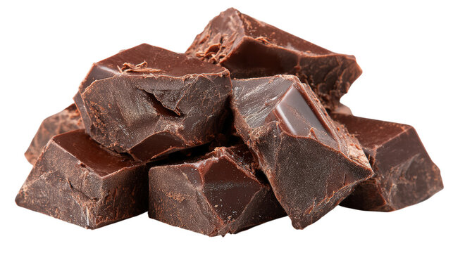 Pile of dark chocolate chunks and rough broken pieces scattered randomly on transparent background delicious dessert ingredient for baking
