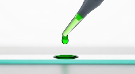 Close Up Green Liquid Dropper Drops Green Fluid Into Clear Surface