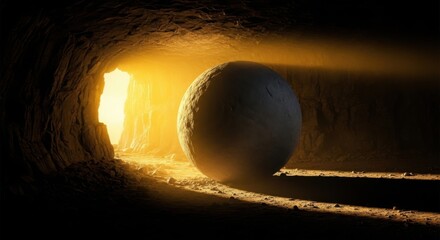 Massive Sphere Inside Dim Cave with Golden Light