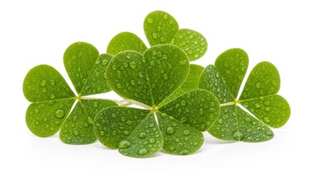 Fresh Green Clover Leaves After Rain on White Background