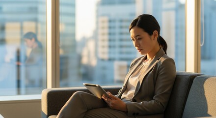 Fototapeta premium オフィスラウンジのソファでタブレットを操作する日本人女性社員