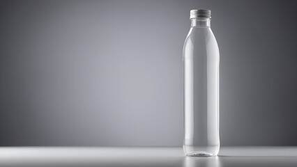 Single clear plastic beverage bottle isolated on gray seamless studio backdrop
