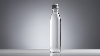 Single clear plastic beverage bottle isolated on gray seamless studio backdrop
