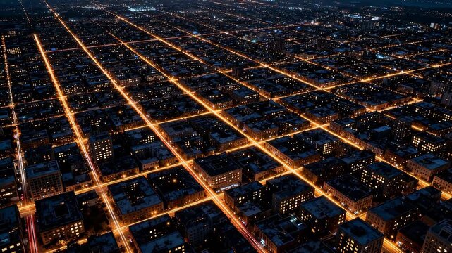 Aerial night city view with grid street lights