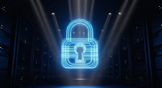 Luminous digital padlock icon in a secure server room, symbolizing robust cybersecurity, data protection, and network privacy for sensitive digital assets