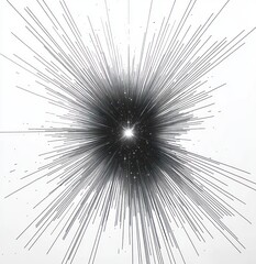 Obraz premium central radiant burst of thin black lines and scattered particles on a white background conveying intense dynamic explosive energy