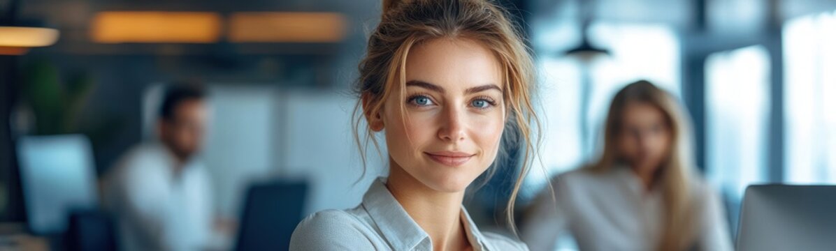 confident businesswoman with loose bun and light button-up shirt in modern open office with coworkers and computers, bright natural light and focused professional atmosphere