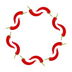 Fototapeta premium Decorative round border of red chili peppers. Spicy vegetable wreath for posters, banners, food advertising, festival graphics and culinary promotions.