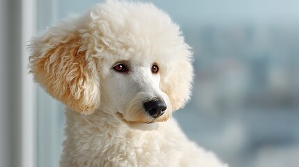 A white poodle with brown ears and a black nose
