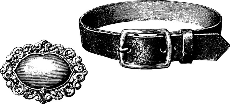 Vintage engraved belt buckle and leather belt sketch for retro design