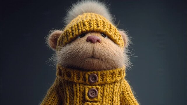 Charming 3D render of a cozy miniature animal character for winter