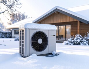 W&auml;rmepumpe im Schnee vor modernem Einfamilienhaus im Winter