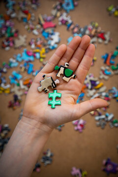 Girl holding jigsaw pieces in hand