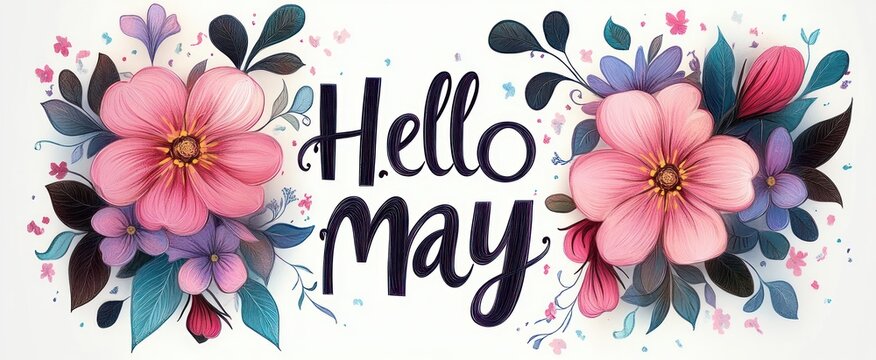 cheerful spring floral composition with hand-lettered greeting hello may surrounded by large pink and purple flowers and teal leaves