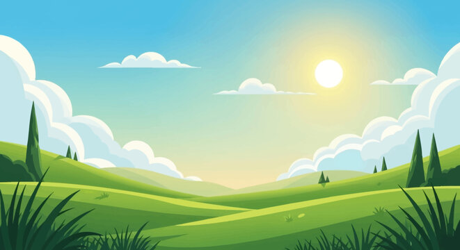 A bright and sunny landscape with rolling green hills, tall grass, and a clear blue sky dotted with fluffy clouds. The sun shines warmly over the peaceful scene