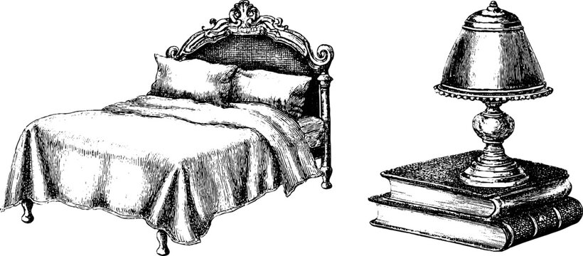 Vintage cozy bedroom elements with bed, night lamp, and books - hand drawn engraving set for interior design