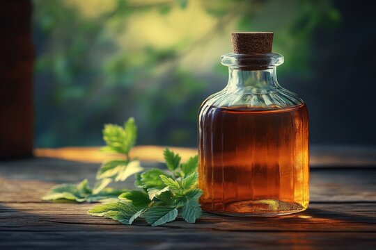 small glass bottle of amber herbal infusion with cork on a wooden table beside fresh mint leaves, warm sunlight and tranquil rustic mood