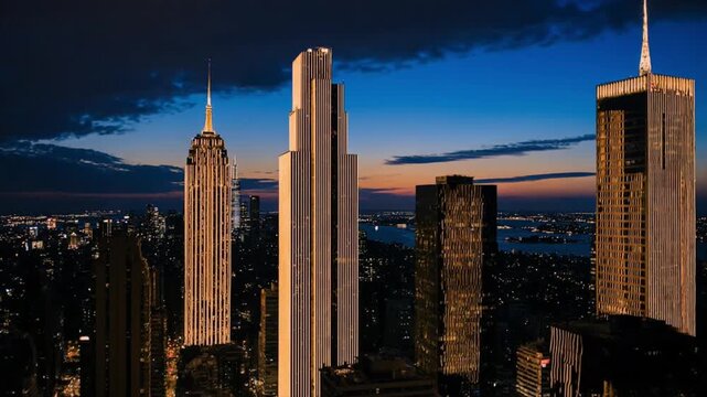 夕暮れから夜へ変化する都市のスカイライン