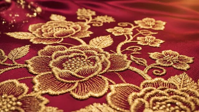 Chinese new year gold floral embroidery red silk fabric background festive textile pattern elegant flower cloth detail luxury celebration warmth luck oriental art craft decoration golden prosperity