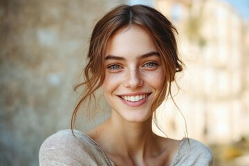 Obraz premium portrait of a woman with loose tousled hair wearing a light knit sweater, calm serene mood, soft natural light with a softly blurred outdoor background