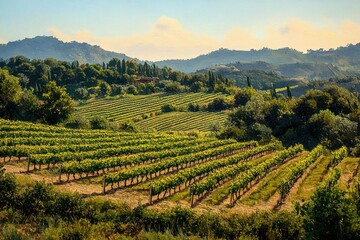 Fototapeta premium sunlit vineyard rows on rolling green hills with scattered trees and distant blue ridges under a soft golden sky, peaceful pastoral scene