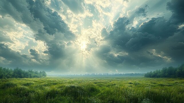 Lush green meadow and tree-lined horizon with distant city skyline under dramatic clouds and sun rays, evoking calm hopeful awe