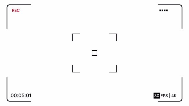 Modern Camcorder screen overlay on white background with rec indicator, timer, battery level and 30 fps, 4k display for filmmaking. Video viewfinder frame modern interface. Camera recording overlay