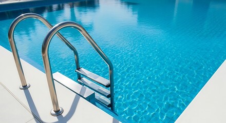 Swimming pool ladder on white concrete deck with clear blue water