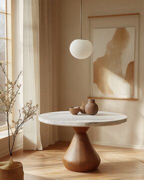 Sunlit minimalist dining nook with round marble-top table on sculpted wooden pedestal, ceramic vases, globe pendant light, abstract canvas, sheer curtains and warm serene mood