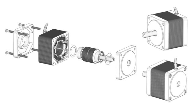 Stepper Motor - Exploded View - Darwing. 3D rendering isolated on white background. 3D Mesh, Sketch, Vector style. Ideal for educational, engineering, and industrial design.