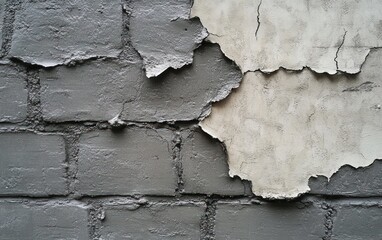 Obraz premium peeling plaster revealing gray brick wall with weathered, decaying texture and neglected urban mood