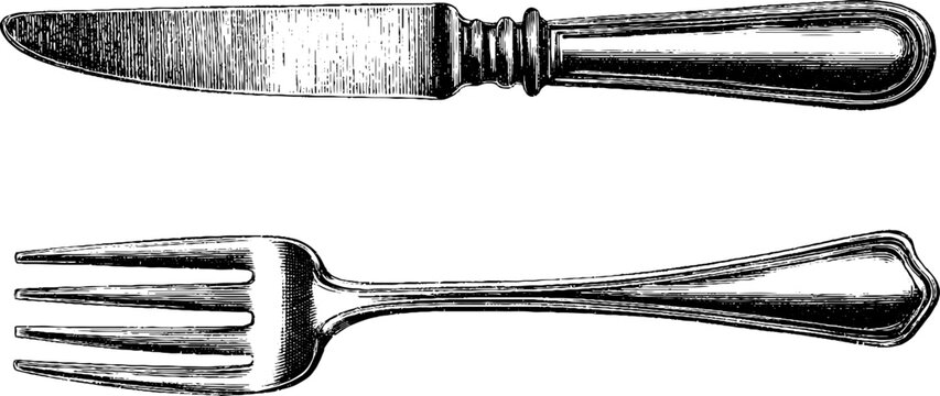 Vintage engraved knife and fork illustration set for retro kitchen decor and culinary design