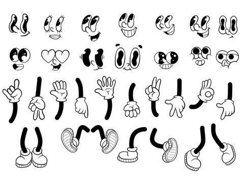 Set of cartoon style white gloves hands and shoes feet icons in vintage comic style. Collection of hand gestures and footwear