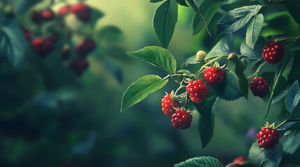 Obraz premium Fresh red raspberries growing on a branch in a sunny garden. Ripe organic berries with green leaves close up. 