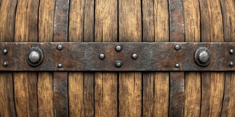 Close-up of weathered wooden barrel staves with rusty iron hoops and rivets, evoking rustic sturdy craftsmanship