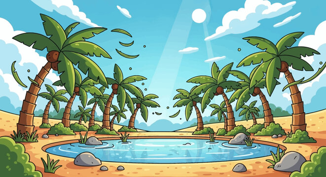 A peaceful cartoon oasis with a small pond surrounded by palm trees. the sun shines brightly in the clear blue sky, creating a serene desert paradise