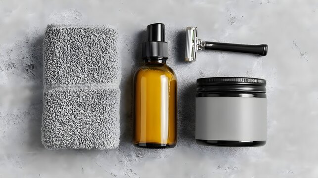 A bottle of shaving cream sits on a counter next to a razor and a towel