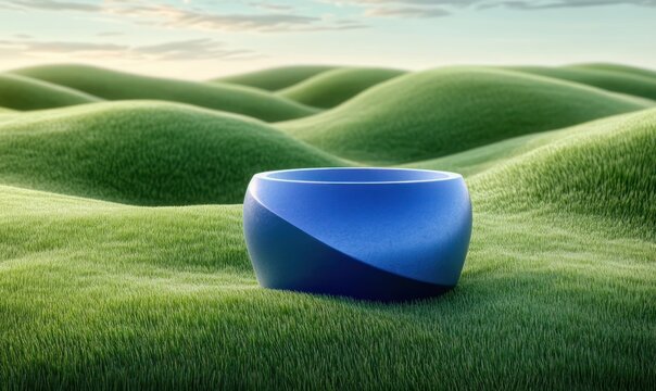 solitary smooth blue bowl resting on rolling green grass under a serene soft sky