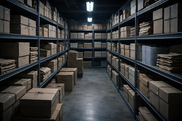 Obraz premium Large warehouse filled with stacked boxes and storage units