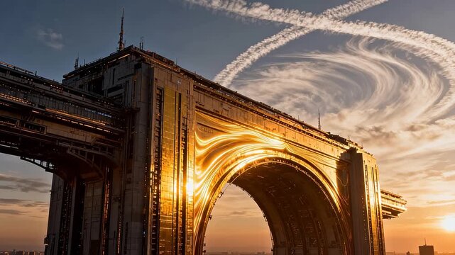 Futuristic golden arch building with spiral clouds at sunset