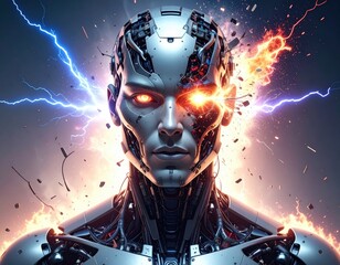 Cybernetic robot head exploding with power and energy