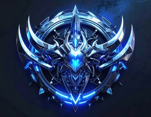 Futuristic metallic shield emblem glowing with blue energy