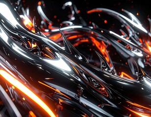 Abstract liquid chrome metal forming sharp glowing spikes with orange flame-like details