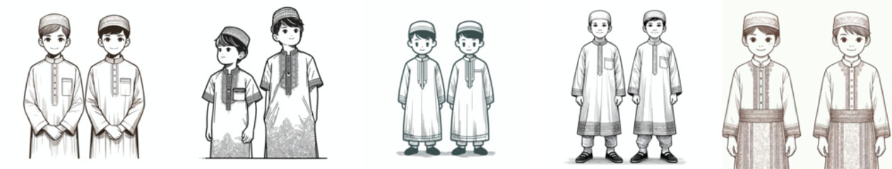 Fototapeta premium Line art of a little boy wearing Muslim clothing. Ramadan theme. Vektor, icon, set icon, minimalist, flat