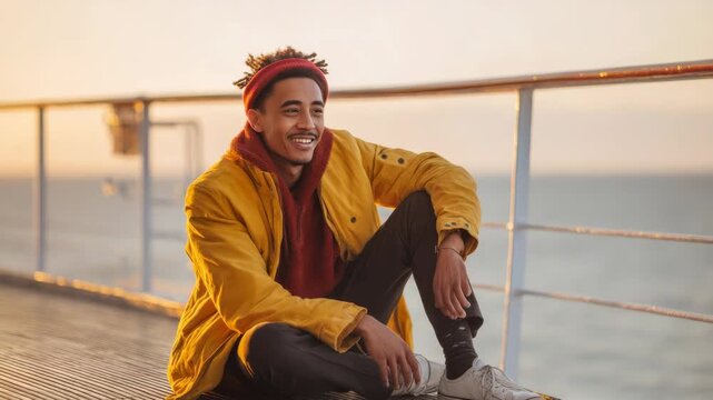 Young man with dreadlocks and red headband sitting on a pier at sunset