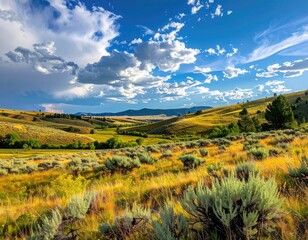 Rolling hills, grassy meadow under a cloudy sky