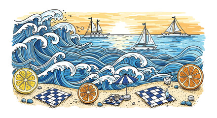 Chess pieces on sandy beach with waves. © Luminaryshine